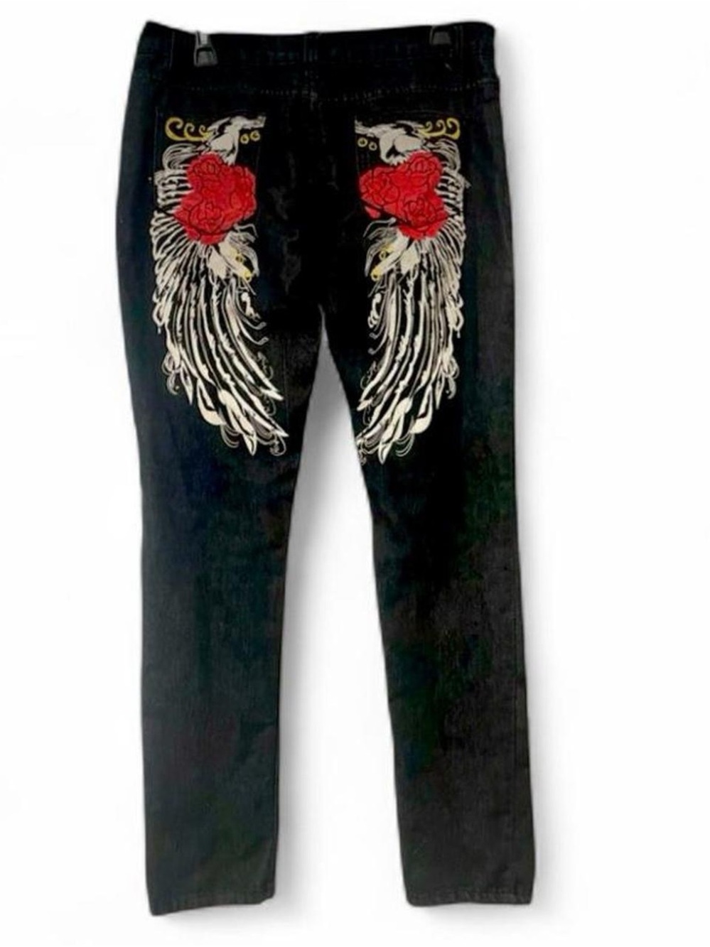 Black Wing & Red Rose Pocket Statement Jeans Y2K Cyber Goth Grunge Whimsigoth 🌹